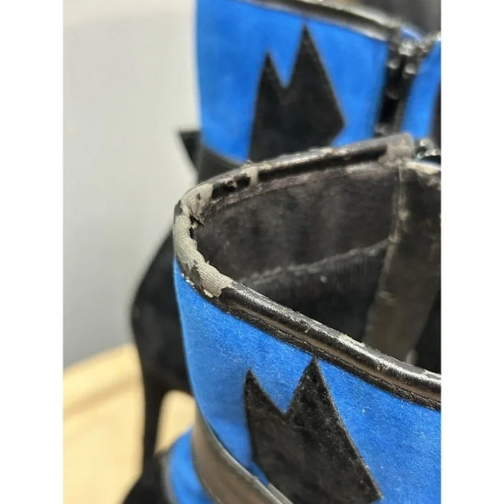 Mimoza Blue Black Geometric Patchwork‎ Peep Toe Stiletto Ankle Boots Mens 7.5